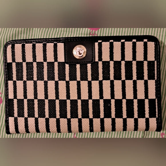 Spartina 449 Black & Cream Linen & Leather Large Snap Bifold Wallet Clutch Bag - Picture 1 of 9